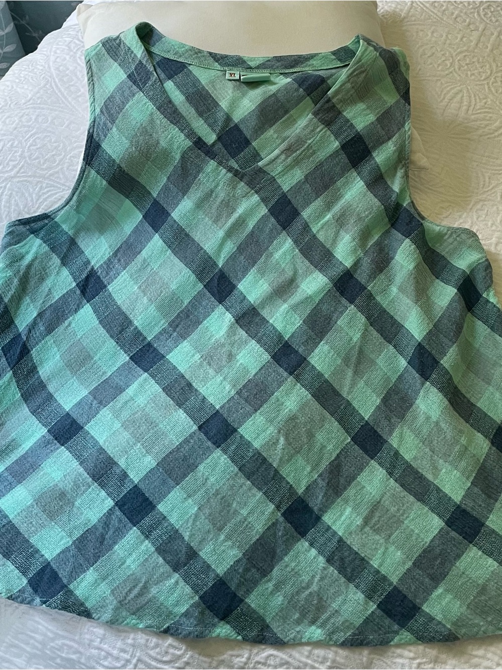 Mint & Navy Gauze Plaid Sleeveless Top